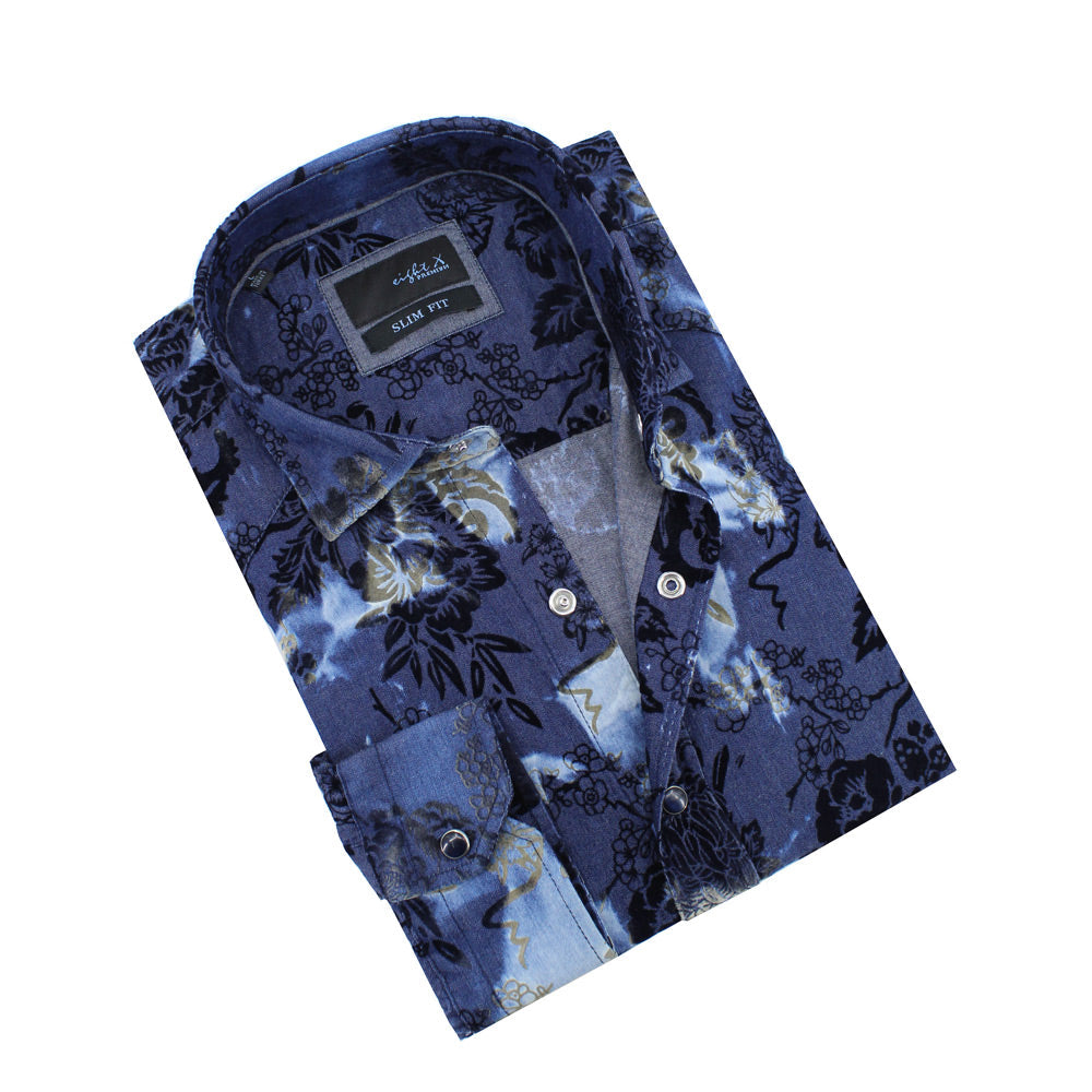 Distressed Denim Floral Flocking Button Down Shirt Shirts Eight-X NAVY S