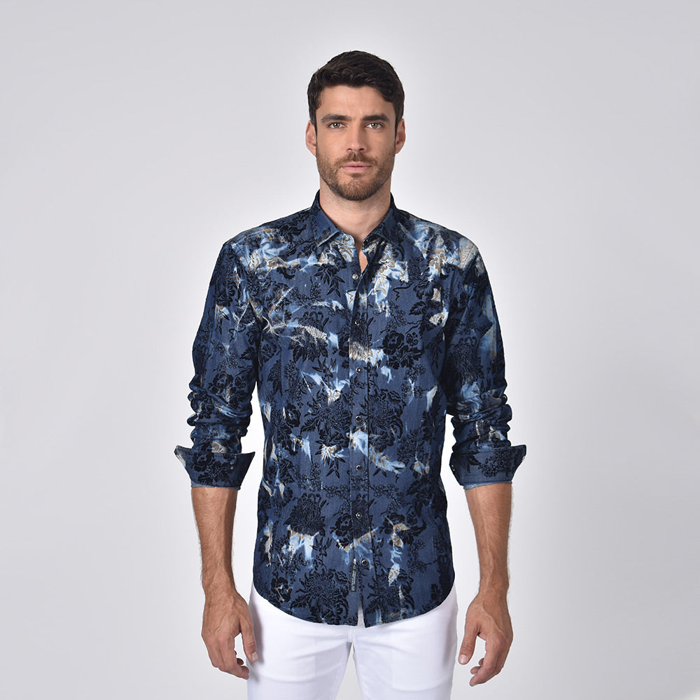 Distressed Denim Floral Flocking Button Down Shirt Shirts Eight-X