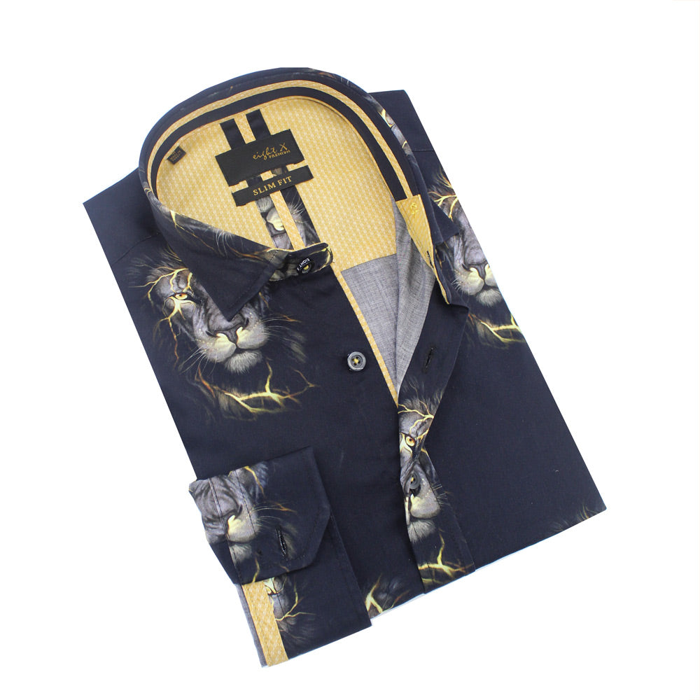 Electric Lion Button Down Print Shirt Shirts Eight-X BLACK S