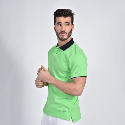 Green Polo with Double Sided Black Collar with Multi colored Stripes Shirts Eight-X