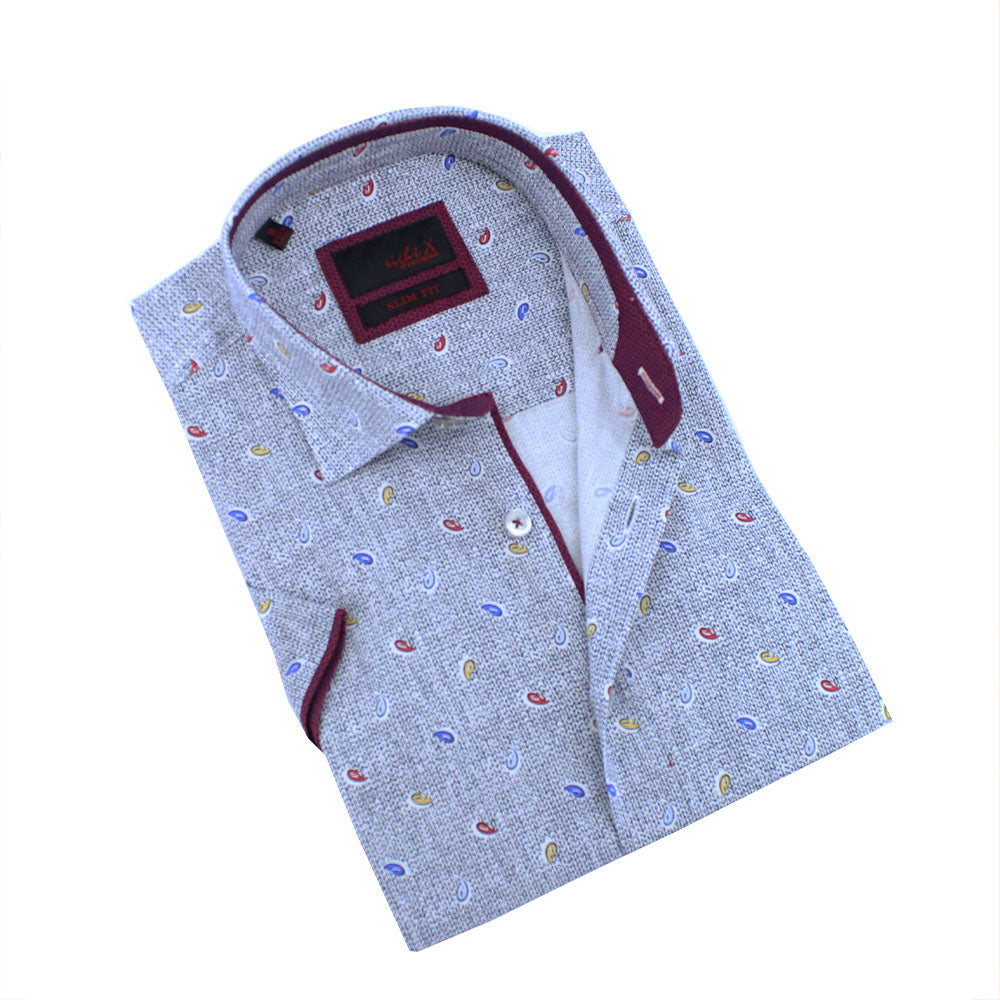 Grey Tri-Color Paisley Short Sleeve Shirt Shirts Eight-X GREY S
