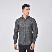Grid and Vine Print Foil Jacquard Shirt With Burgundy Trim Shirts Eight-X
