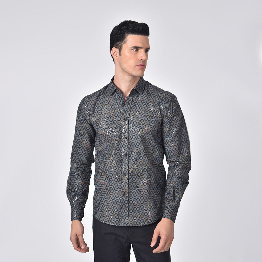 Grid and Vine Print Foil Jacquard Shirt With Burgundy Trim Shirts Eight-X