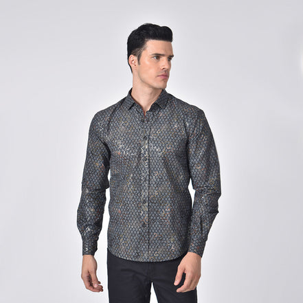 Grid and Vine Print Foil Jacquard Shirt With Burgundy Trim Shirts Eight-X