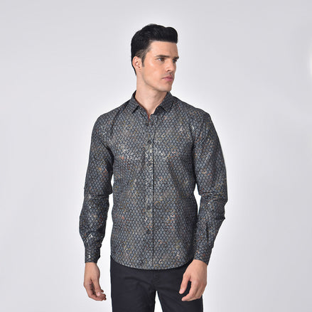 Grid and Vine Print Foil Jacquard Shirt With Burgundy Trim Shirts Eight-X