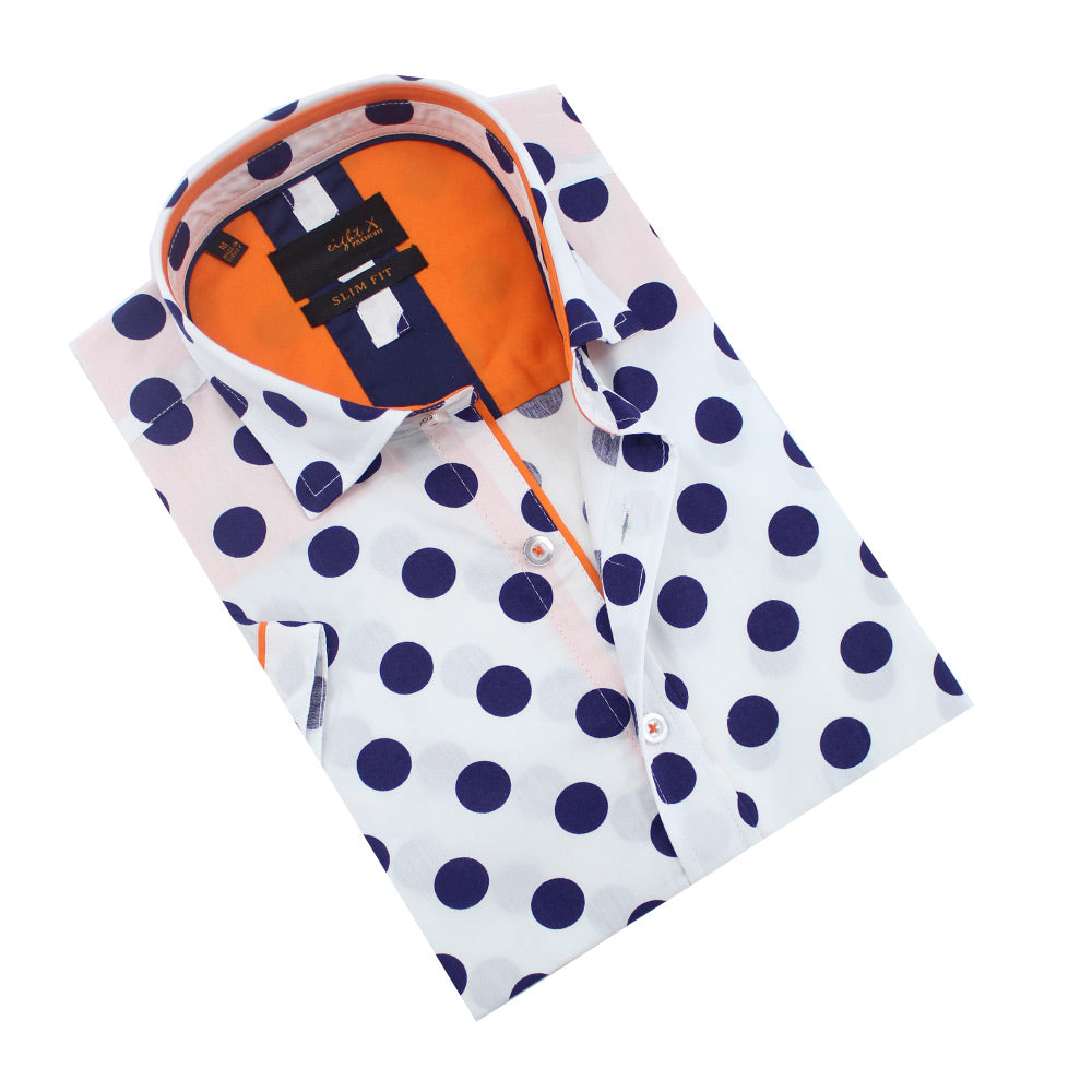 Jet Blue Polka Dot Short Sleeve Shirt with Orange Trim Shirts Eight-X WHITE S
