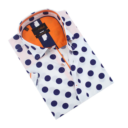 Jet Blue Polka Dot Short Sleeve Shirt with Orange Trim Shirts Eight-X WHITE S