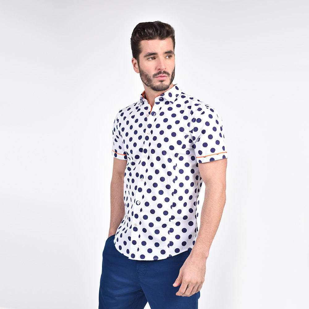 Jet Blue Polka Dot Short Sleeve Shirt with Orange Trim Shirts Eight-X
