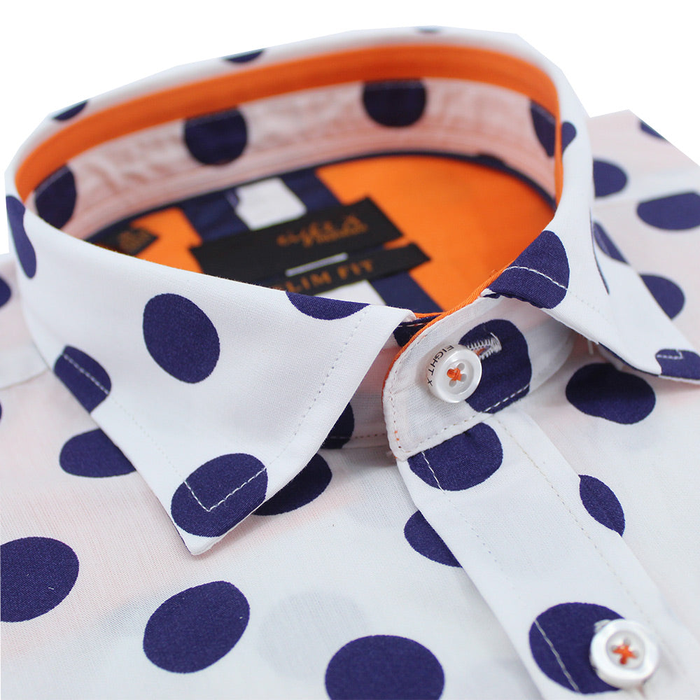 Jet Blue Polka Dot Short Sleeve Shirt with Orange Trim Shirts Eight-X