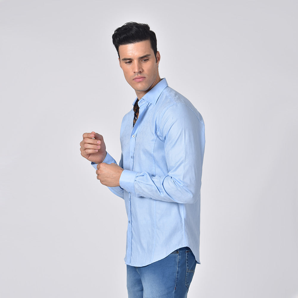 Light Blue Button Down Jacquard With Floral Trim Shirts EightX