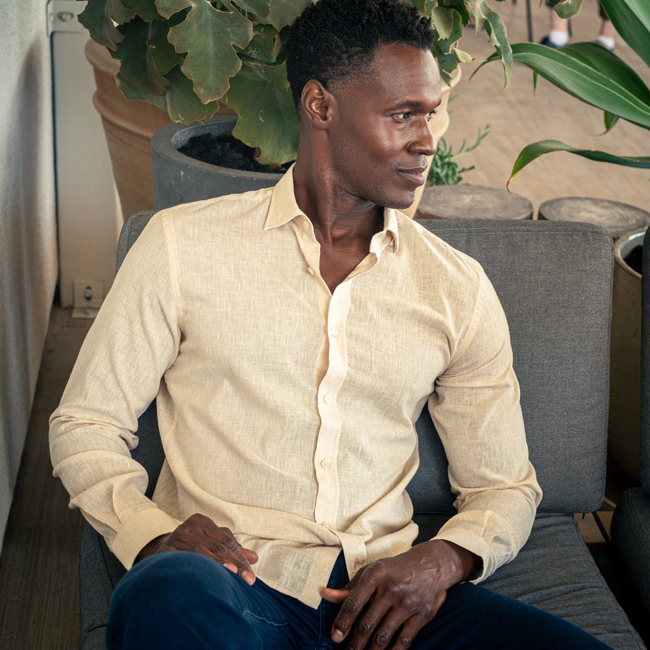 beige dress shirt Looks Like Linen Button Down Shirt | Designer Menswear