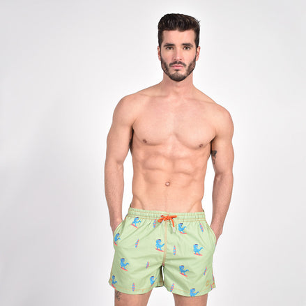 Green Surfing T-Rex Print Swim Trunks Swim Trunks Eight-X