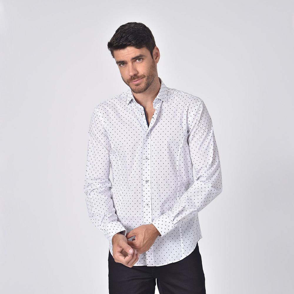 Navy Blue Polka Dot Print Fil Coupé Button Down Shirt Shirts EightX