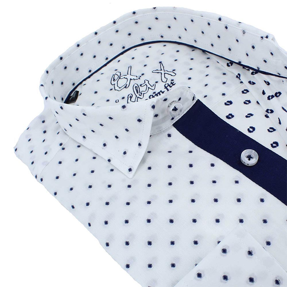 Navy Blue Polka Dot Print Fil Coupé Button Down Shirt Shirts EightX