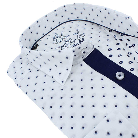 Navy Blue Polka Dot Print Fil Coupé Button Down Shirt Shirts EightX