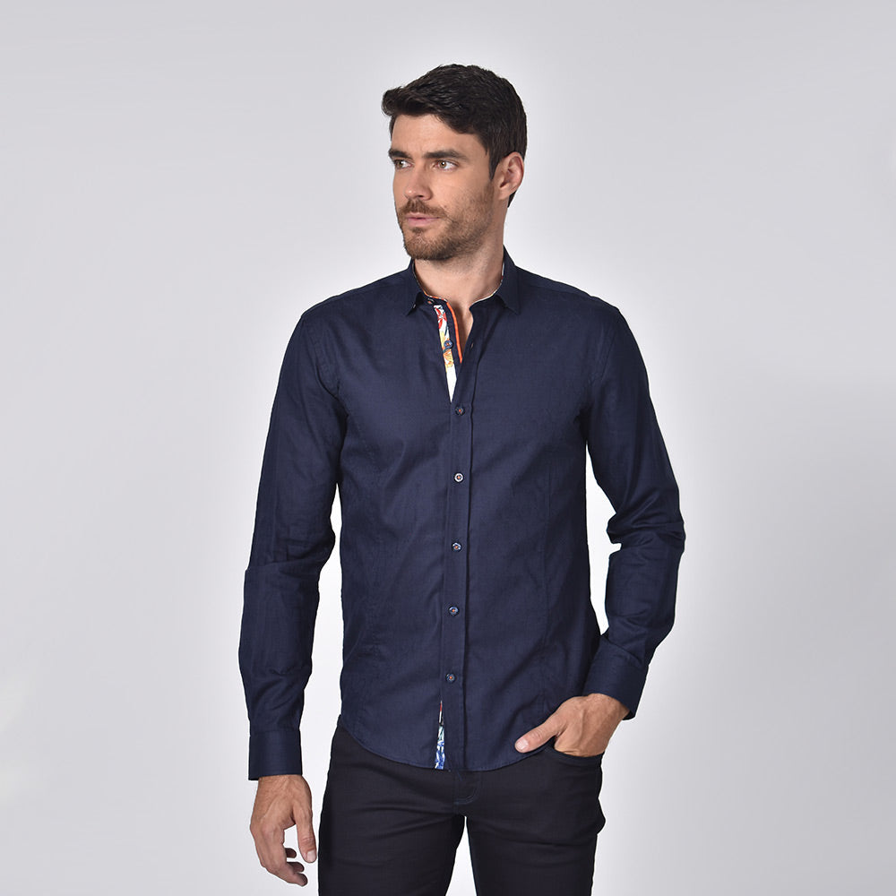 Navy Jacquard Button Down Shirt With Floral Trim Shirts EightX