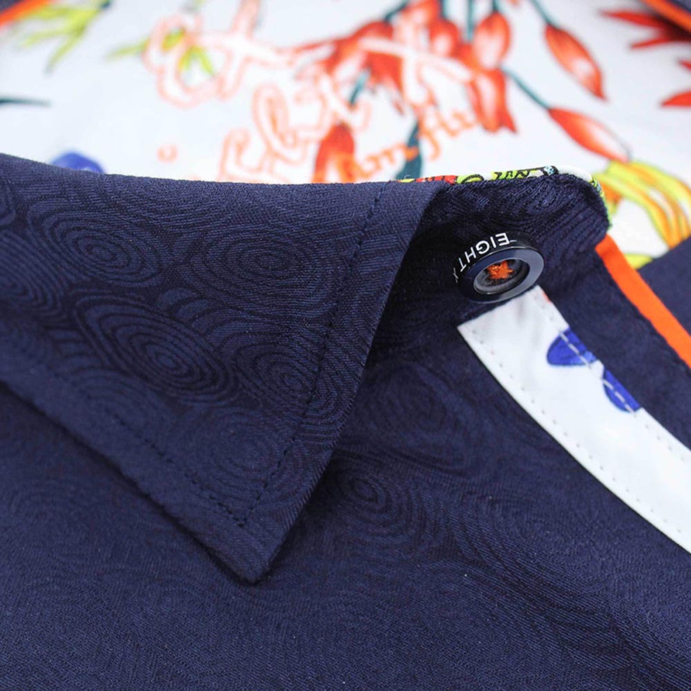 Navy Jacquard Button Down Shirt With Floral Trim Shirts EightX
