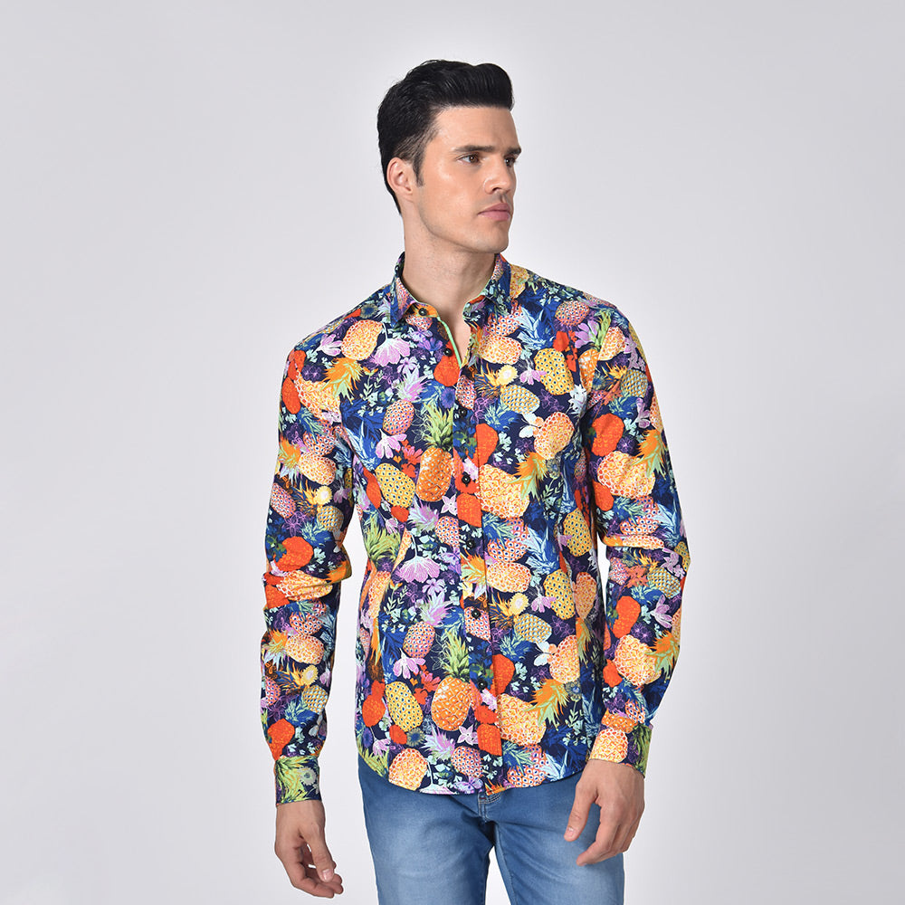 Neon Pineapples on a Bed of Flowers Button Down Shirt Shirts Eight-X