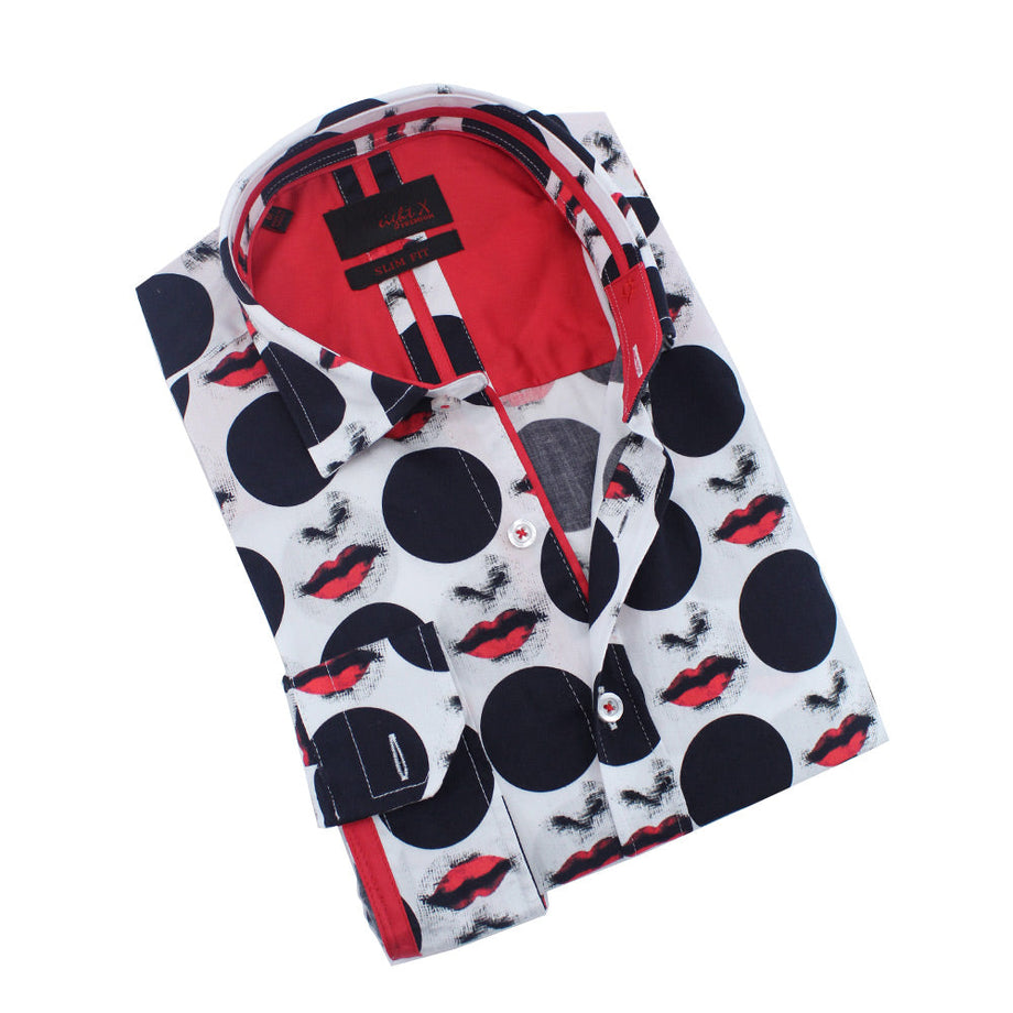 Red Lips & Black Dots Button Down Shirt White / S