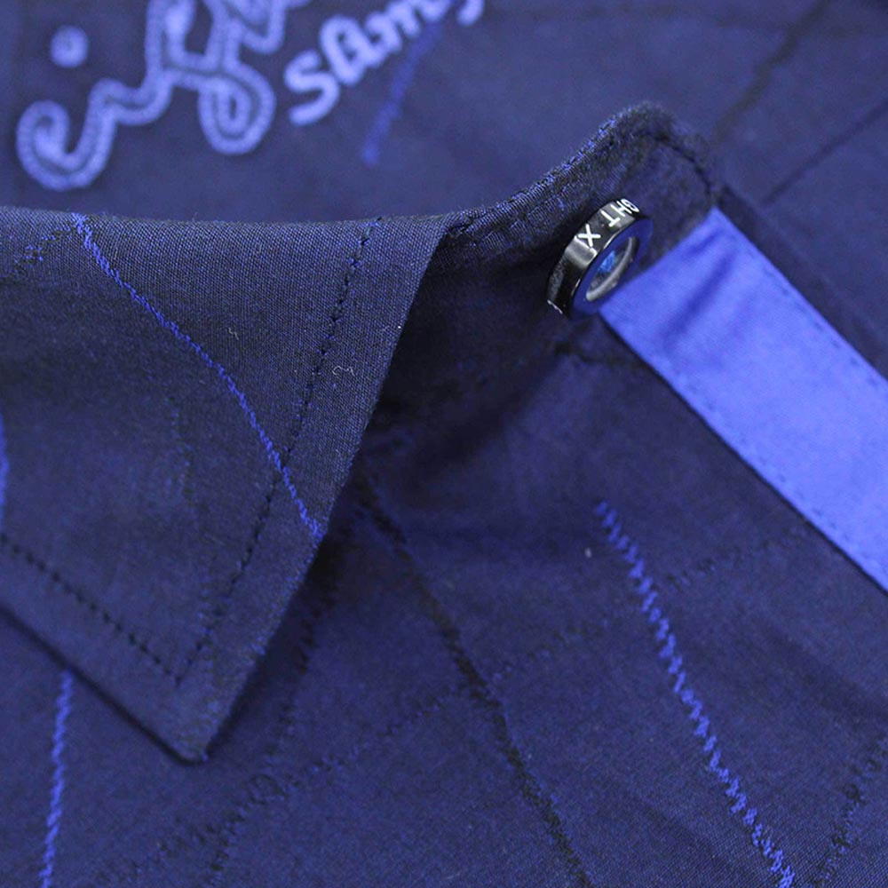 Retro Navy Jacquard Shirt With Contrasting Trim Shirts EightX