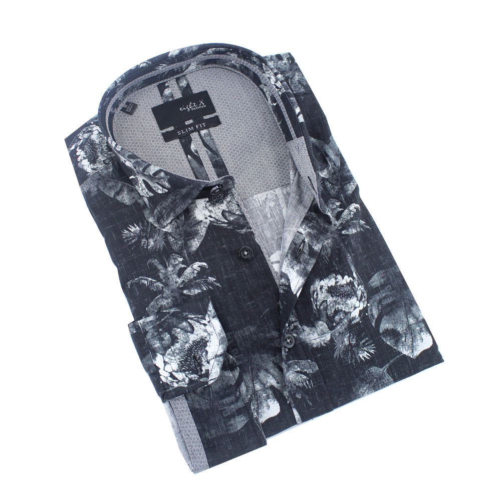 Silver Palms and Flowers Button Down Shirt Shirts Eight-X BLACK S