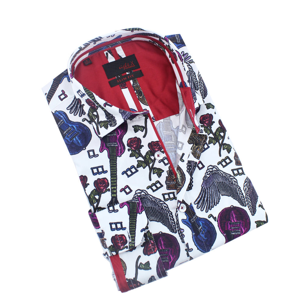 Skulls and Roses Rock'n'Roll Button Down Shirt Shirts Eight-X WHITE S