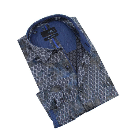 Snake Print Foil Jacquard Button Down Shirt With Navy Trim Shirts Eight-X BLACK S