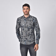 Snake Print Foil Jacquard Button Down Shirt With Navy Trim Shirts Eight-X