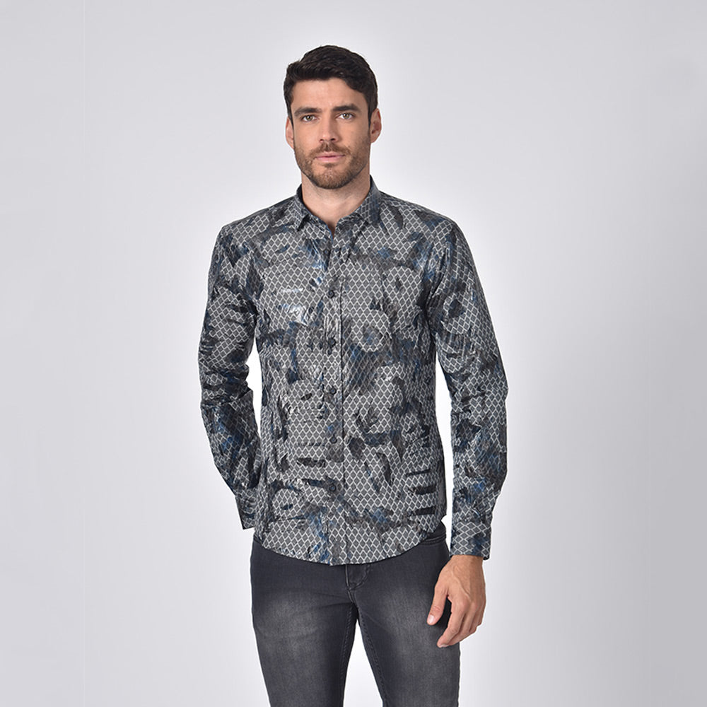 Snake Print Foil Jacquard Button Down Shirt With Navy Trim Shirts Eight-X