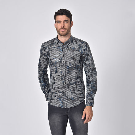 Snake Print Foil Jacquard Button Down Shirt With Navy Trim Shirts Eight-X
