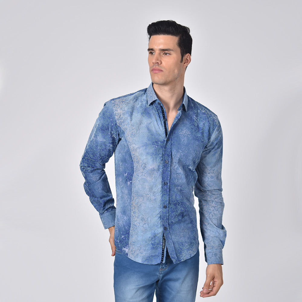 Striped Vine Flocking Button Down Jacquard Shirt Shirts Eight-X