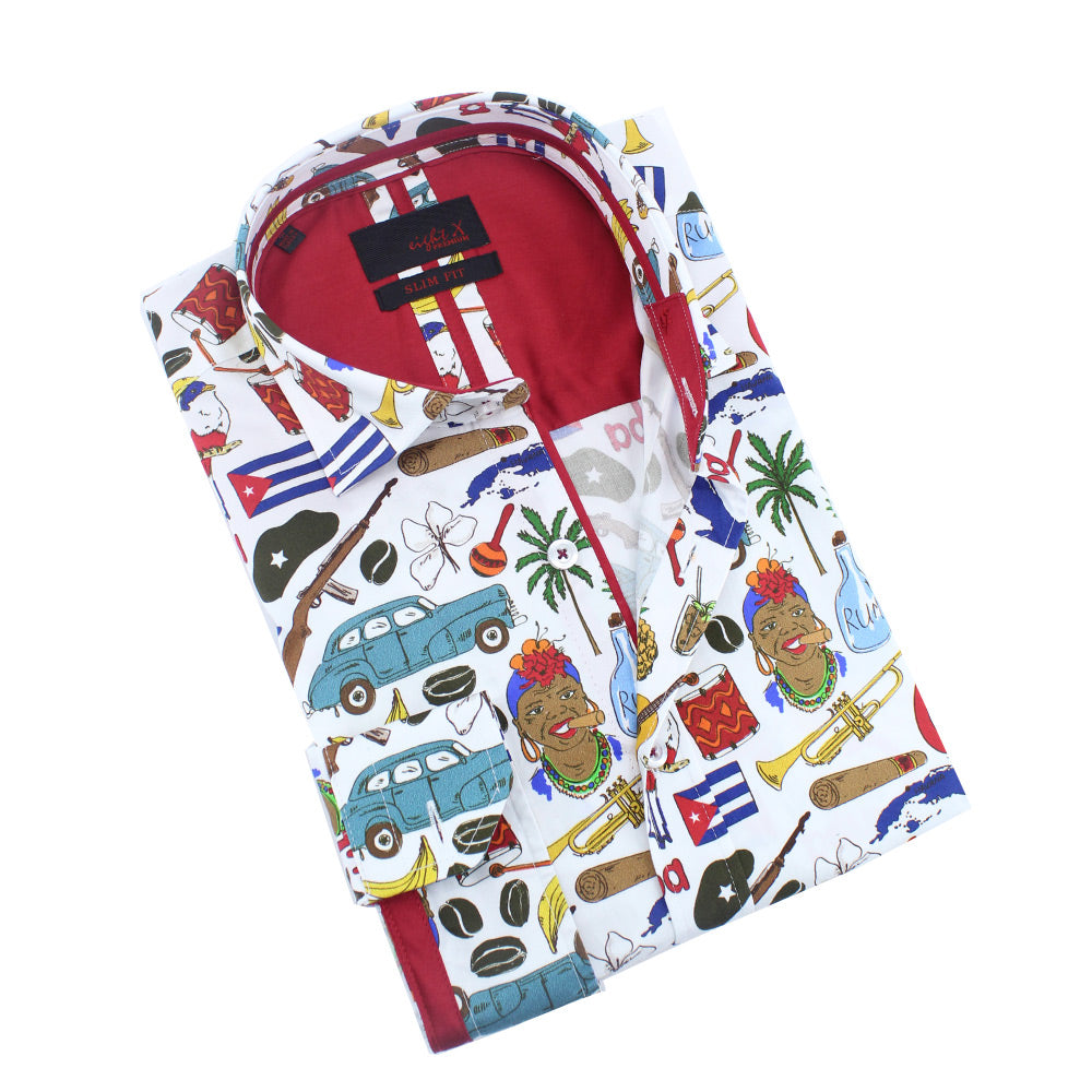 The Cuban Button Down Print Shirt Shirts Eight-X WHITE S
