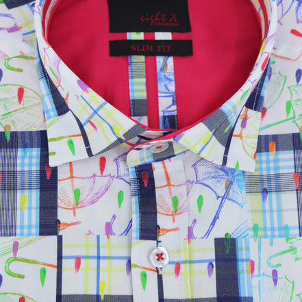 Umbrellas and Plaid In Colorful Rain Drops Button Down Shirt Shirts Eight-X