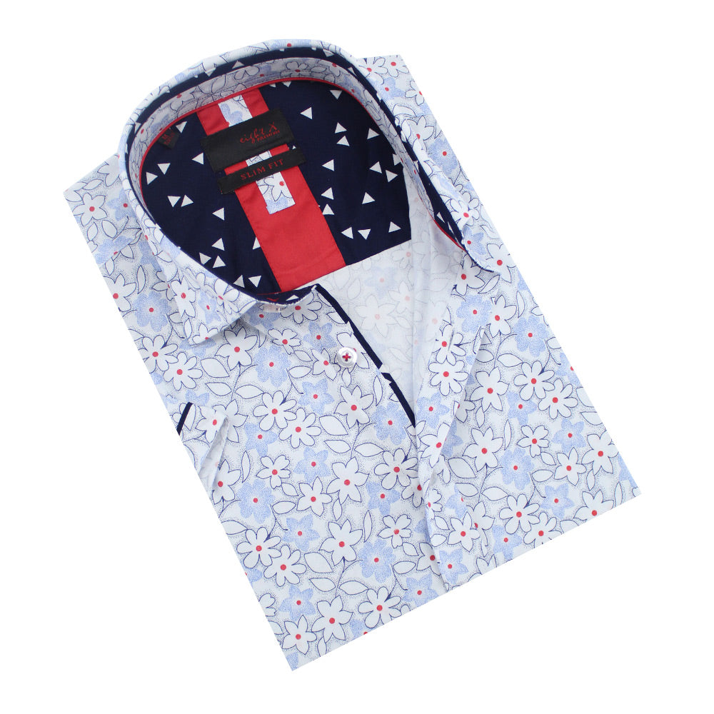 White Geranium Flower Short Sleeve Shirt Shirts Eight-X BLUE S