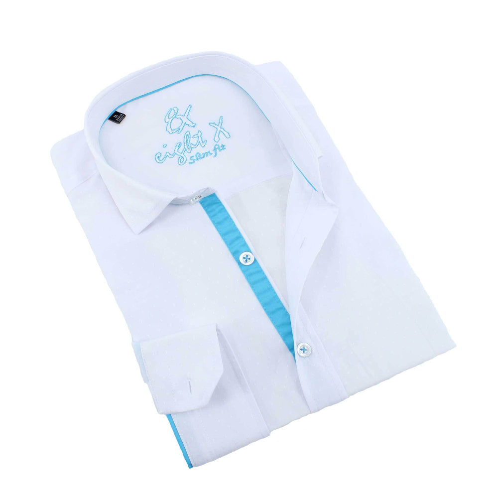 White Jacquard Button Down Shirt With Blue Trim Shirts EightX WHITE S
