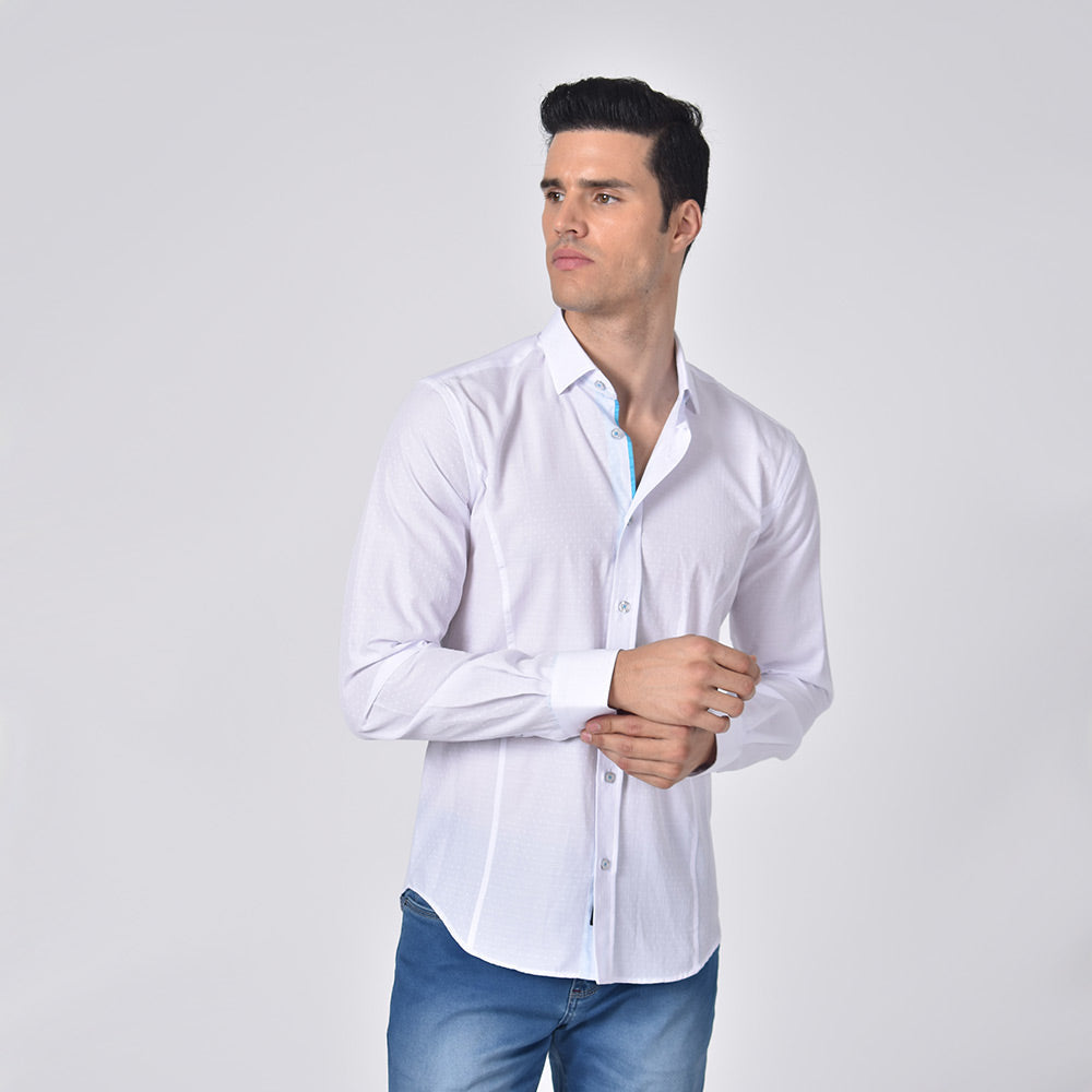 White Jacquard Button Down Shirt With Blue Trim Shirts EightX