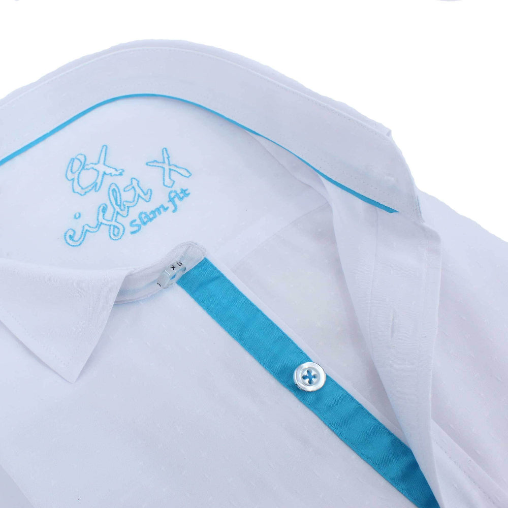 White Jacquard Button Down Shirt With Blue Trim Shirts EightX