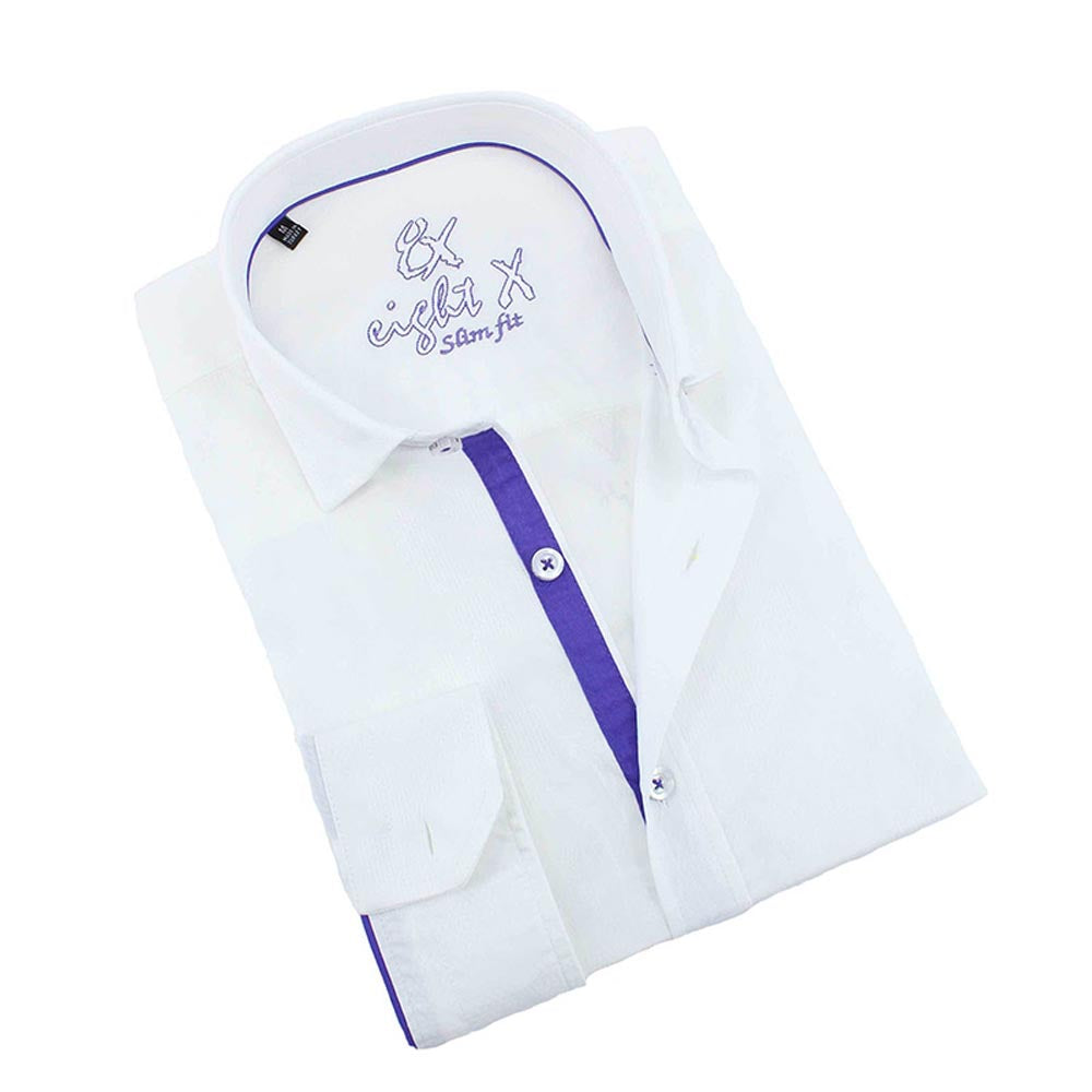 White Jacquard Button Down Shirt With Purple Trim Shirts EightX WHITE S
