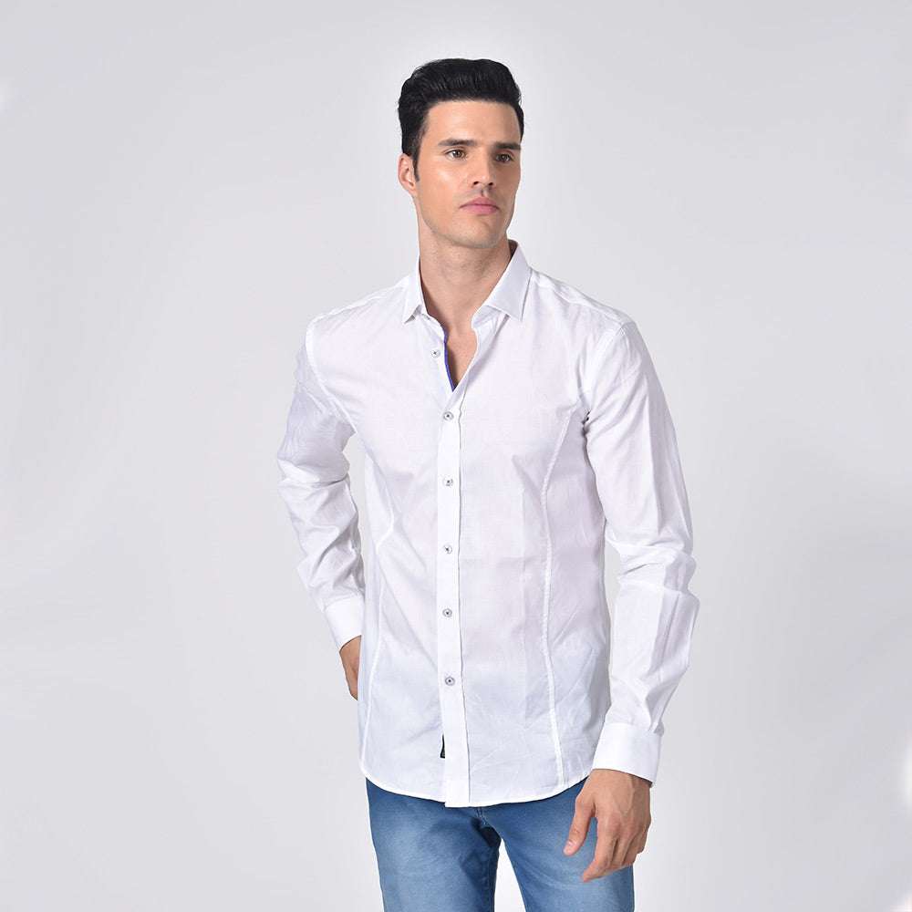 White Jacquard Button Down Shirt With Purple Trim Shirts EightX