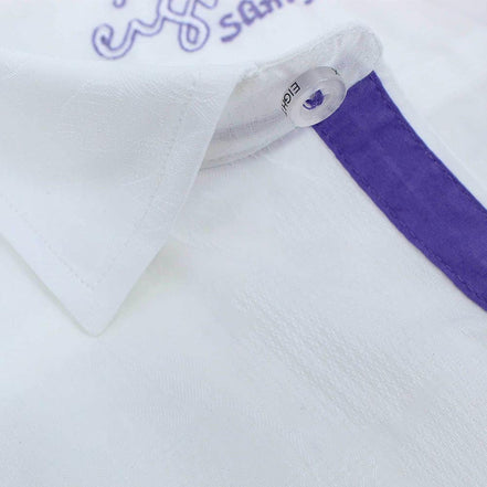 White Jacquard Button Down Shirt With Purple Trim Shirts EightX