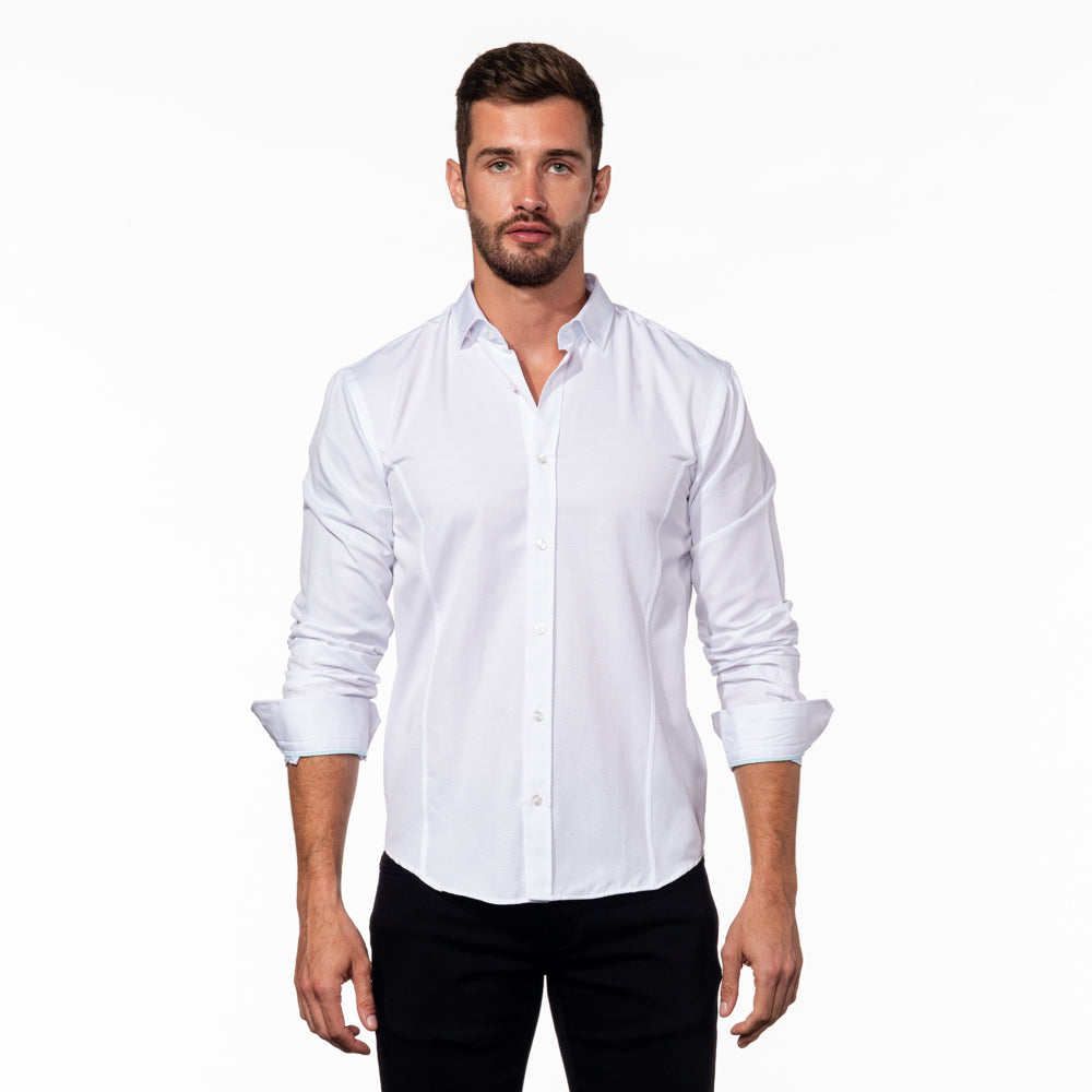 White Jacquard Shirt With Aqua Trim Shirts EightX