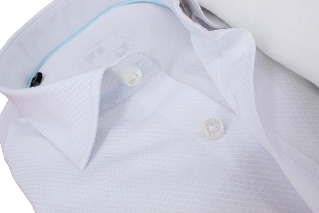 White Jacquard Shirt With Aqua Trim Shirts EightX