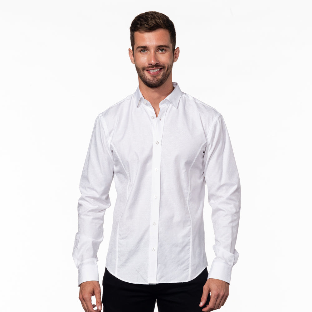 White Jacquard Shirt With Lilac Trim Shirts EightX