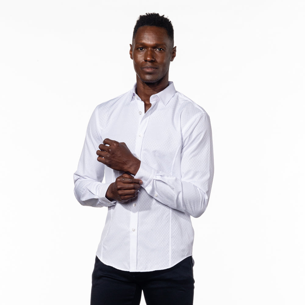 White Jacquard Shirt With Pink Trim Shirts EightX