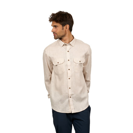 Essential Utility Linen Long Sleeve Button Down Shirt - Beige Short Sleeve Shirts Eight-X