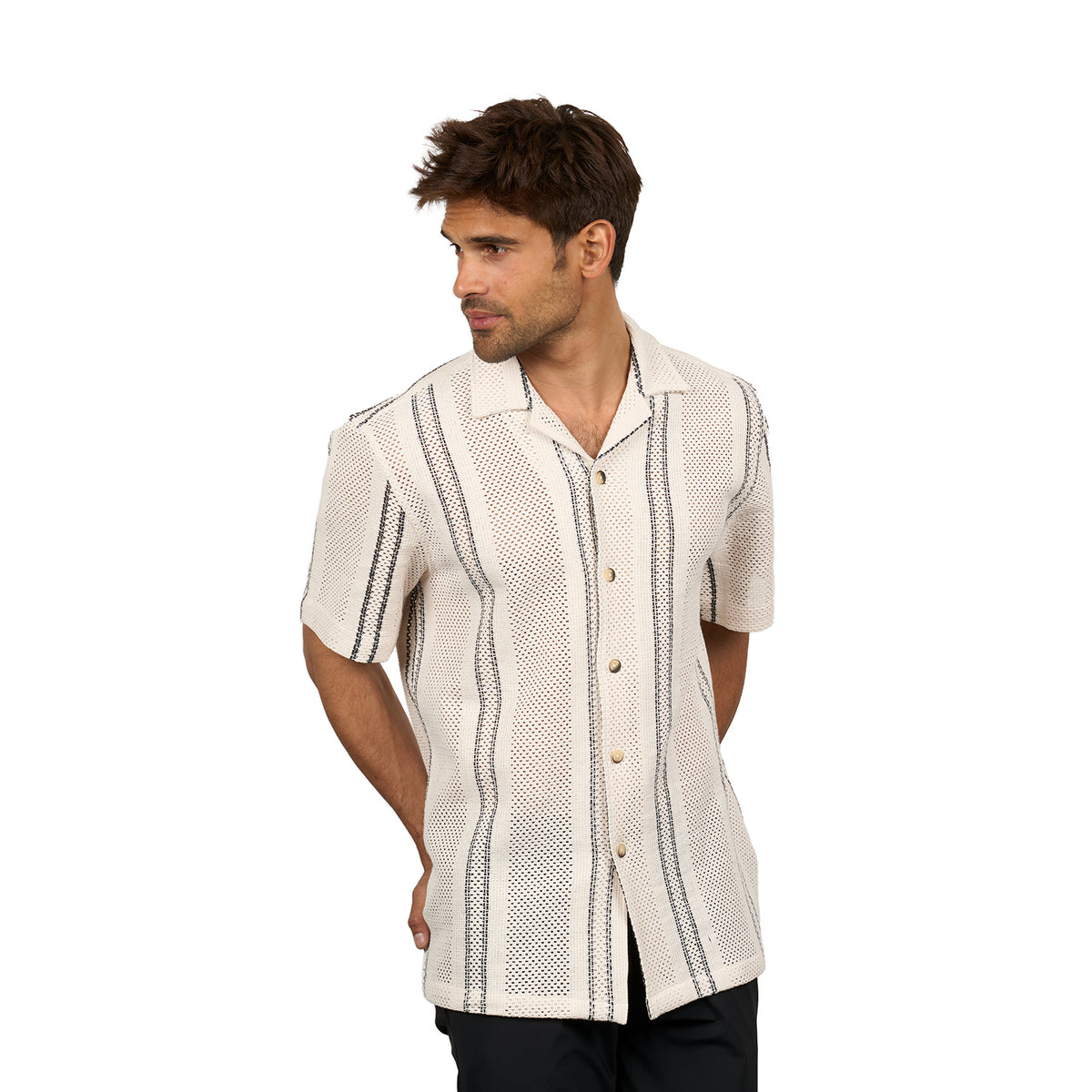 Open Gauge Crochet Relaxed Fit Short Sleeve Button Down Shirts Eight-X