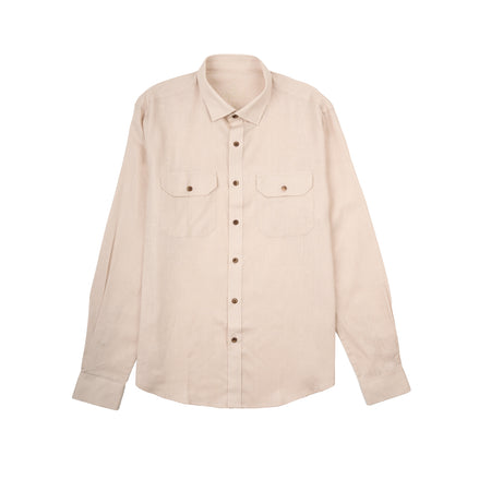 Essential Utility Linen Long Sleeve Button Down Shirt - Beige Short Sleeve Shirts Eight-X