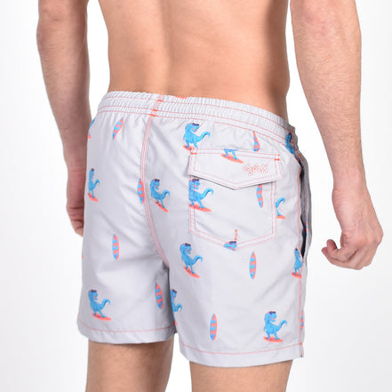 Grey Surfing T-Rex Print Swim Trunks Swim Trunks Eight-X
