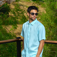 Essential Linen Button Short Sleeve Button Down Shirt - Turquoise Button Down Shirts Eight-X