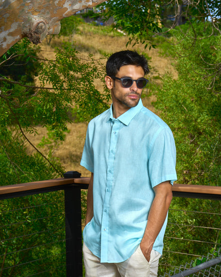 Essential Linen Button Short Sleeve Button Down Shirt - Turquoise Button Down Shirts Eight-X